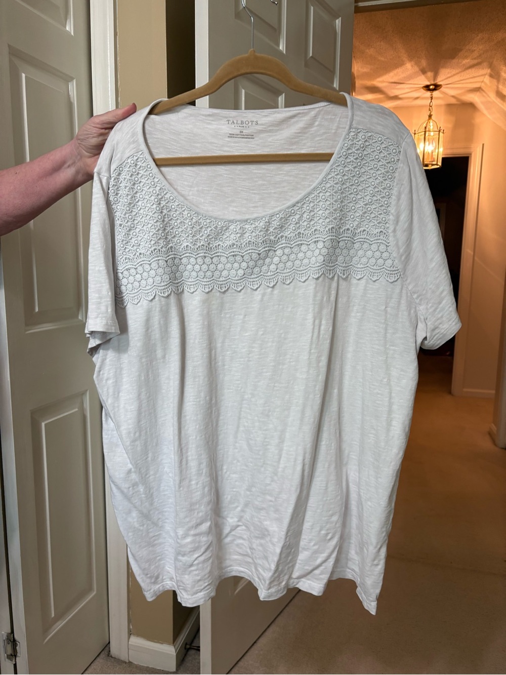 Talbots White Scoop Neck Short Sleeve Top with Lace Yoke